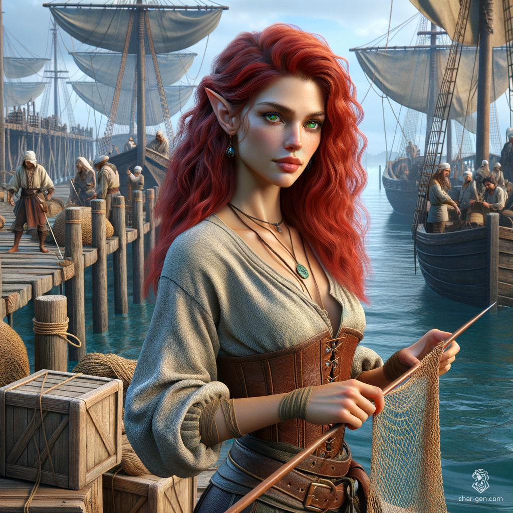 Eilsara Autumnborn is a 6'2" tan-skinned Wood Elf monk, embodying grace and wisdom. At 18, her bold cherry-red hair and piercing green eyes reflect her vibrant spirit. A folk hero wielding a quarterstaff, she believes deeply in destiny, treating all with dignity while skillfully mending fishing nets.