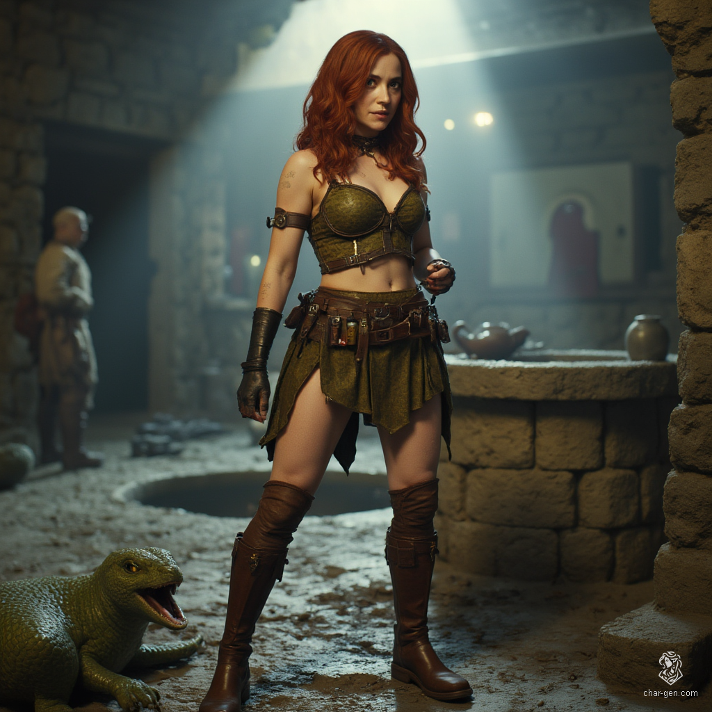 Izzy, a newly emancipated halfling assassin, is a captivating blend of danger and charm. Her athletic frame is adorned with subtle, shimmering green scales, and her striking yellow-green eyes reveal her predatory nature. Clad in fitted leather armor, she embodies stealth and competence as she prepares for her next hunt, her mischievous smile hinting at the thrill beneath her lethal exterior.