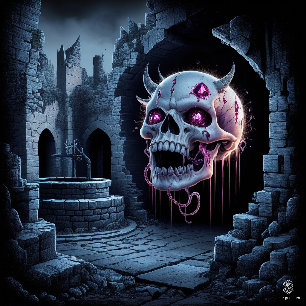 The Horrid Demilich is a small, floating skull with glowing gemstone eyes, draped in an aura of arcane energy. Its drooling maw and pale, lifeless skin create a haunting contrast, striking fear into the hearts of adventurers who dare to approach.