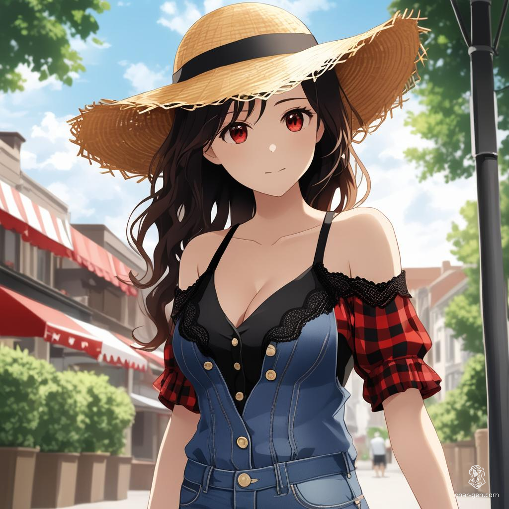 A captivating figure, she combines rustic charm with urban chic, standing confidently in a barn doorway. With her flirtatious straw hat, revealing blouse, and dust-coated high-heeled boots, she exudes both sensuality and strength amidst a picturesque farm setting.