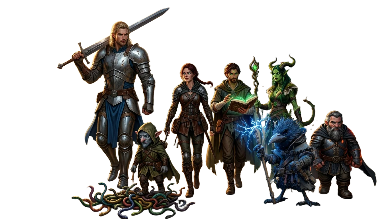 Fantasy adventuring party at different heights, halfling, elf, human, dragonborn, and goliath rendered together