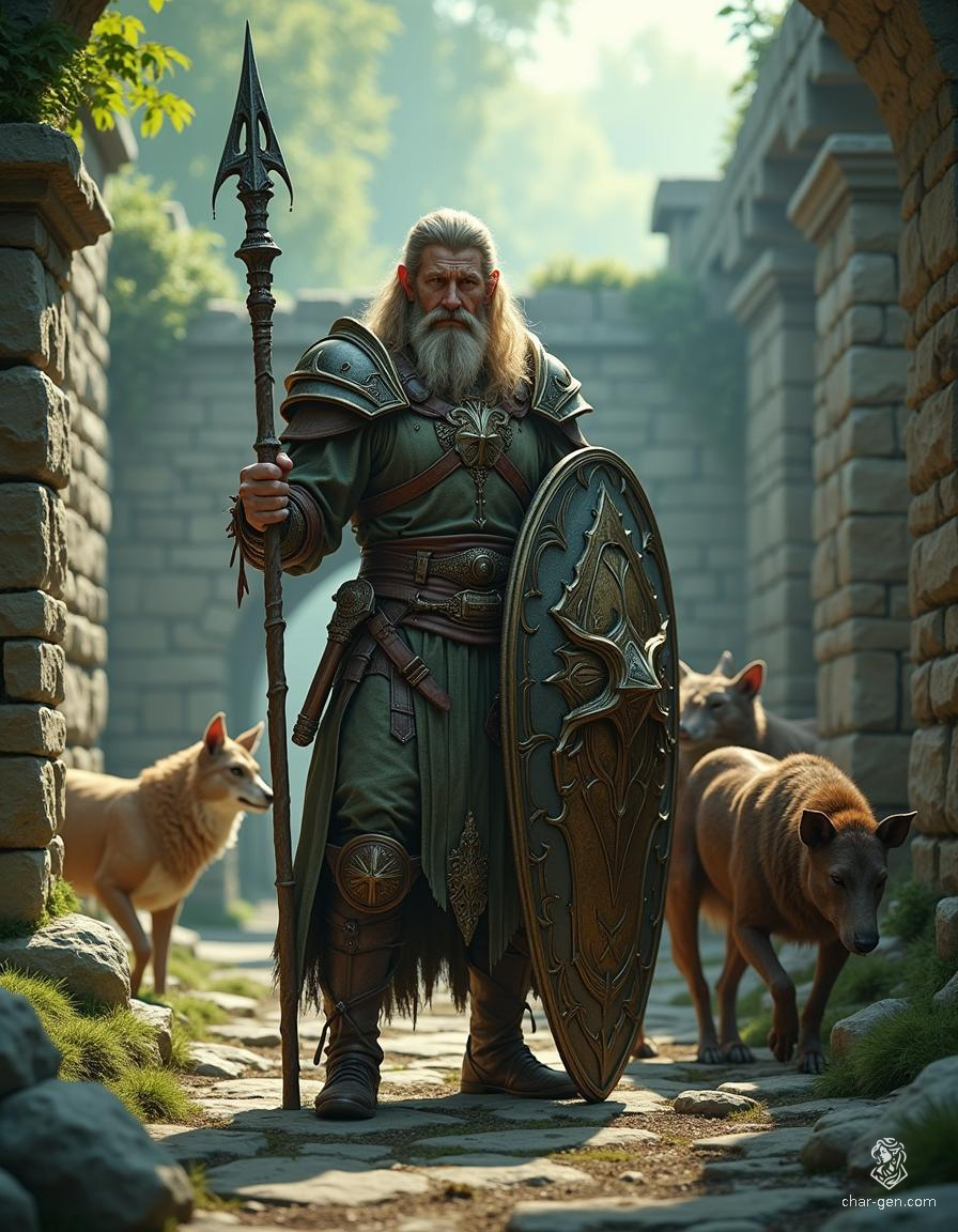 Addan of Lurkwood is a powerful druid, embodying the essence of nature with his earthy attributes and animal companions. With a strong grip on his intricately detailed quarterstaff, he seeks glory in battle to honor his clan, while fiercely protecting the wilderness he cherishes.