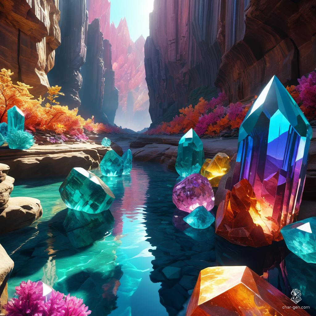 An ethereal canyon of towering crystals sparkles with vibrant hues, each facet refracting light in a mesmerizing dance. Jagged formations in dazzling blues, purples, and greens create a breathtaking, otherworldly landscape of pure, crystalline wonder.
