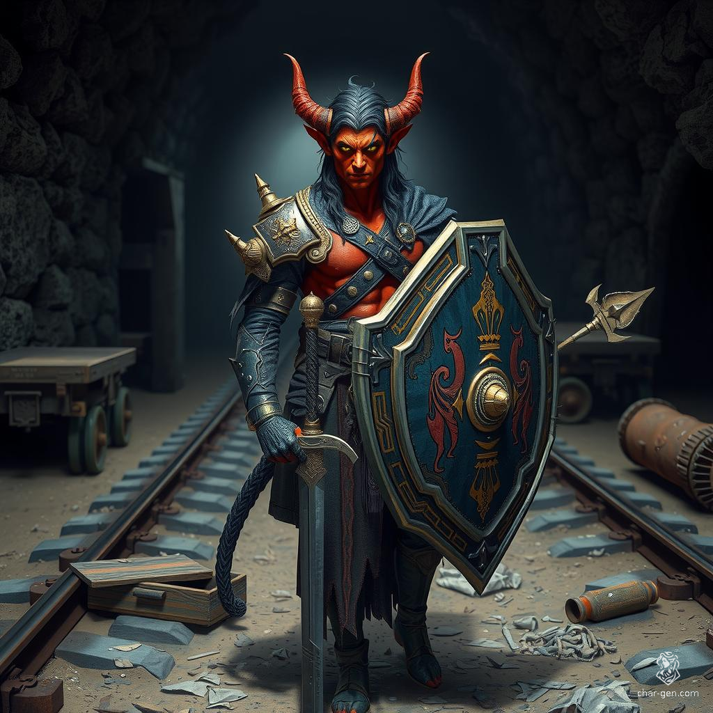 Eremiel is a 17-year-old tiefling paladin with red skin, yellow eyes, and jet-black hair. Standing 5'7", he possesses a dignified aura and a strong, protective stance. Raised as an acolyte in a temple, his faith guides his pacifist nature. Despite his demonic heritage, Eremiel wields a longsword and a broad, intricately detailed shield, devoted to protecting his sanctuary.