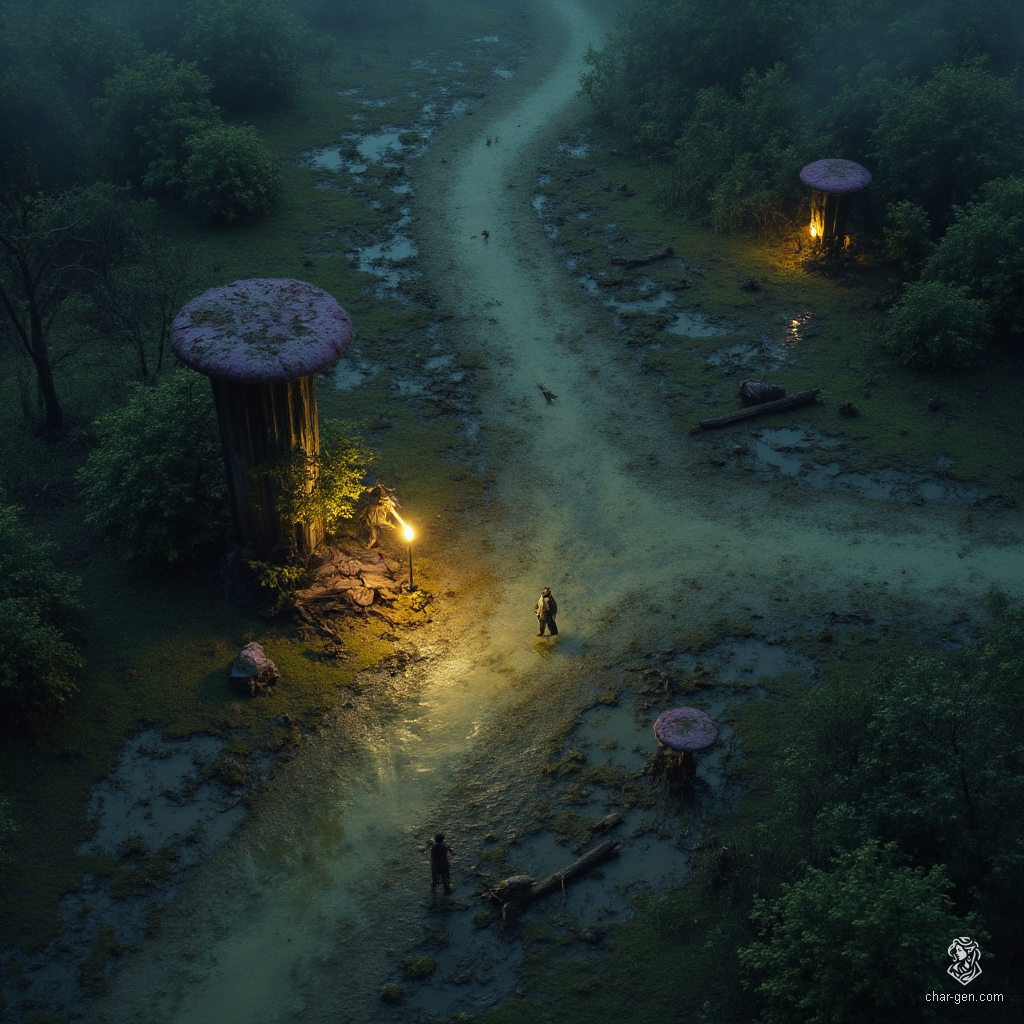 In a murky marsh, sticky mud oozes beneath your feet while tangled mangroves loom over shimmering pools, cloaked in thick fog. Purple mushrooms cling to decaying logs, illuminating the area with eerie glow. A crossroads campsite lies at the heart, shadowed by the remnants of a ruined highway bridge, where giant fay mushrooms thrive, concealing hidden traps and lurking secrets for the unwary traveler.