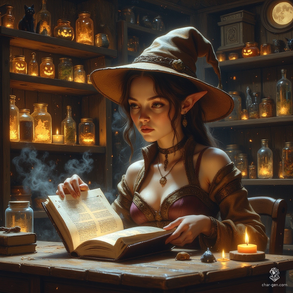 Maryam, an enchanting Apothecary Witch, is a slender, graceful elf with tanned skin and a mix of wisdom and whimsy. Her tea-colored hair, streaked with grey, flows gently into a ponytail, while her inquisitive topaz eyes, framed by rimless spectacles, sparkle with curiosity. Surrounded by herbs and potions, she embodies competence and warmth, eagerly exploring the mysteries of magic. A translucent spider familiar hovers nearby, adding a dash of the ethereal to her cozy, shadowy lab.