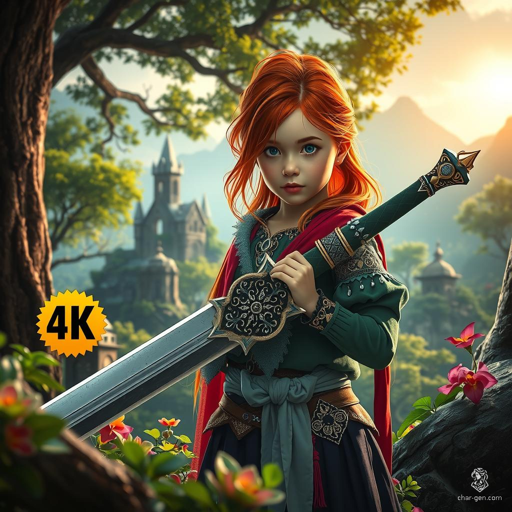 In a breathtaking, hyperrealistic landscape, a young girl with fiery red hair stands poised, clutching an exquisitely detailed, oversized sword. The lush, emerald fields around her shimmer under a sunlit sky, casting ethereal hues across the vibrant scene.