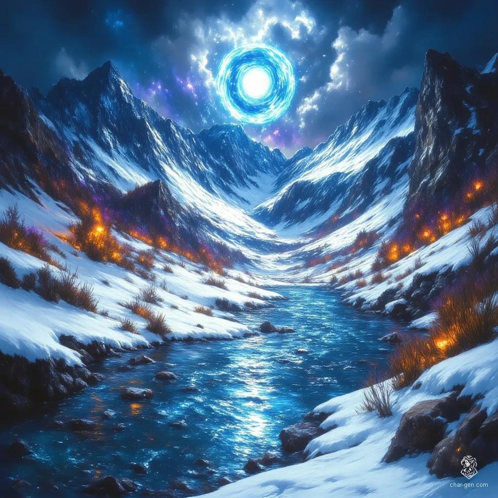 In a captivating winter landscape, towering snow-covered mountains rise beneath a tempestuous sky, swirling with deep blues and purples. A partially frozen river glimmers in muted hues, framed by snowy banks that flicker with vibrant hints of orange and red, creating a stark yet breathtaking contrast.