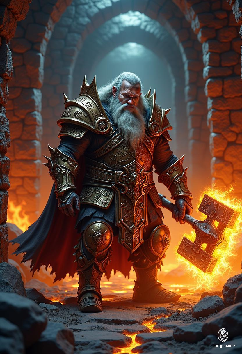 Groomorlum Blunthorn, a rugged dwarf warlock, balances charm and wisdom. Bound by a pact with shadow, he wields a radiant warhammer, clad in ornate armor. A talented blacksmith turned arcane protector, he navigates the complexities of loyalty and trust while safeguarding Mirabar's people.