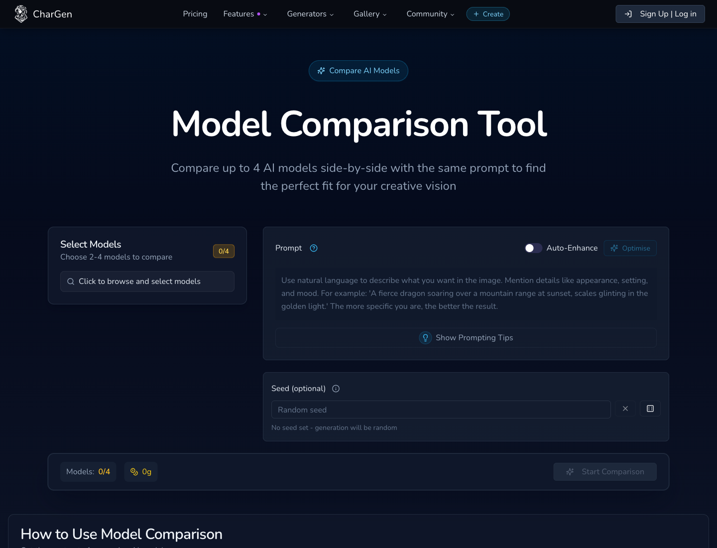 Model Comparison workspace used to test one prompt across multiple image models