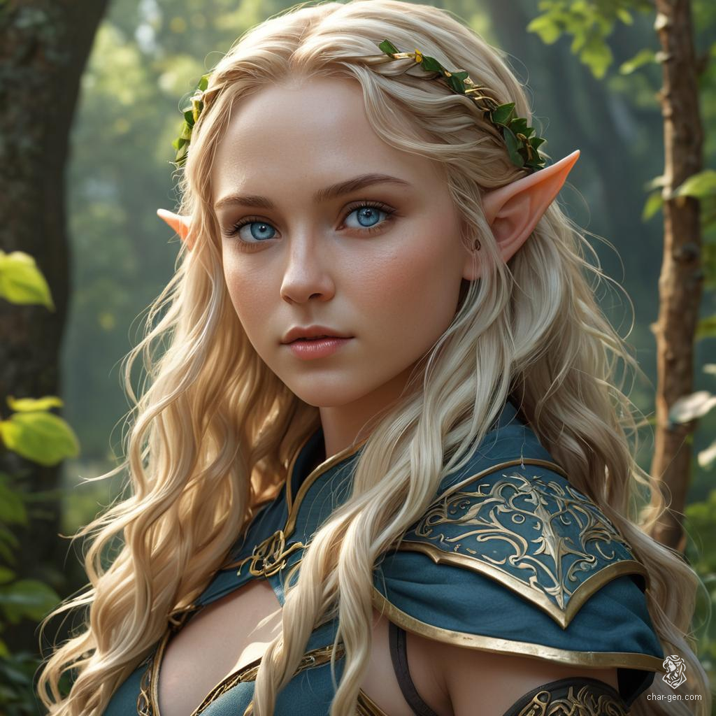 This Fantasy Elf Fighter stands confidently, showcasing an array of weapons. Their fair skin contrasts sharply with long, wavy blonde hair and piercing blue eyes, forming an arresting and formidable presence on the battlefield.