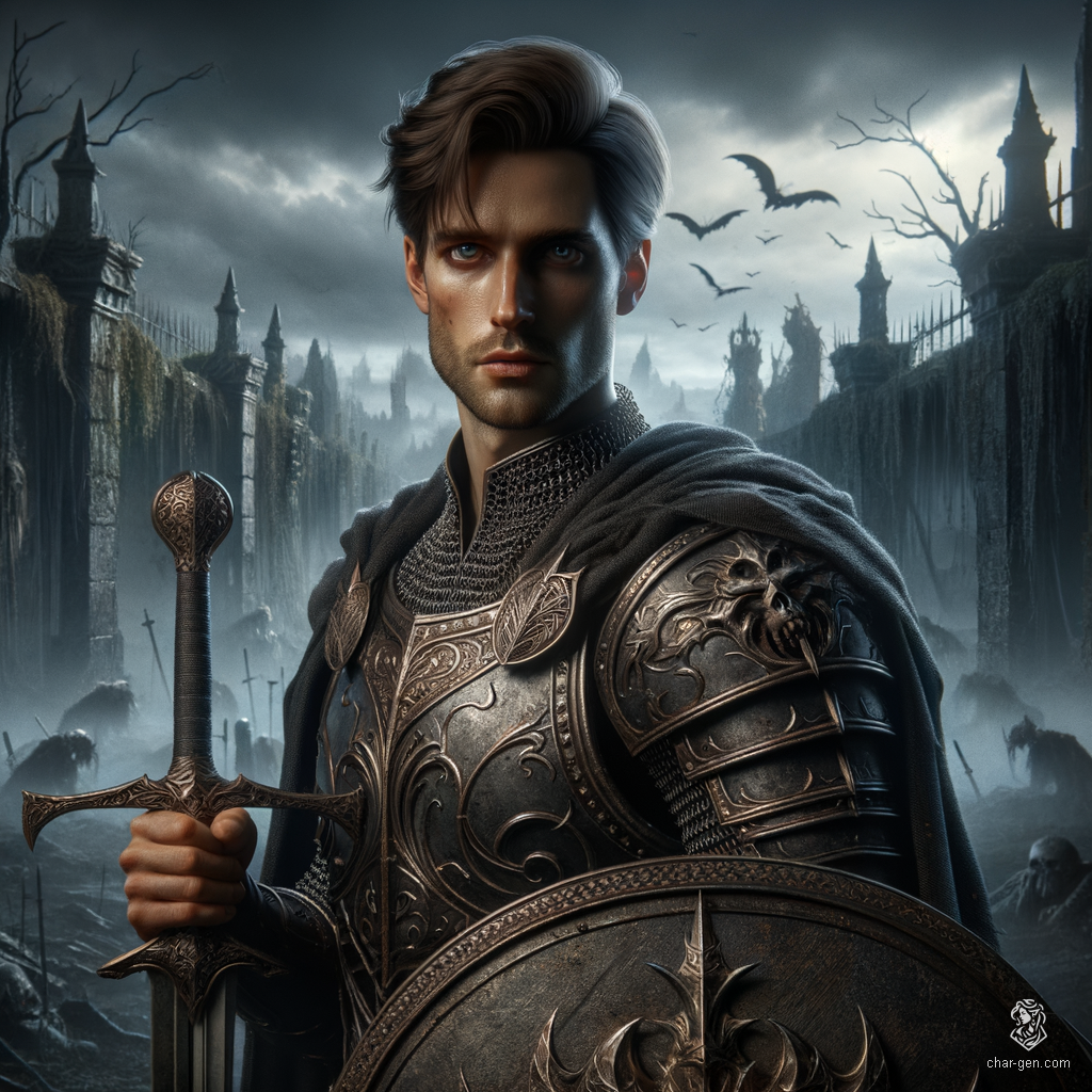 Marcus Thorne, a 6'4" fair-skinned human paladin with piercing blue eyes and deep espresso brown hair, bears a dignified aura. Trained under Sir Galahad in Eden's countryside, he wields a greatsword and protective shield with unwavering loyalty, blending charm with noble duty. Now an oathbreaker, his past dedication shakes under newfound desires.