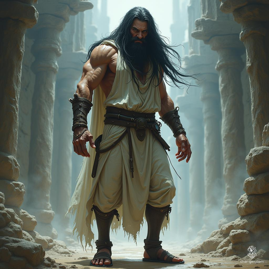 A tall, ragged prisoner with long black hair and an angry visage, he embodies a forgotten hero's anguish. Clad in weathered leather sandals, his ethereal presence shimmers against a celestial backdrop, hinting at the magic and epic battles that shaped his fate in this painterly, dreamy realm.