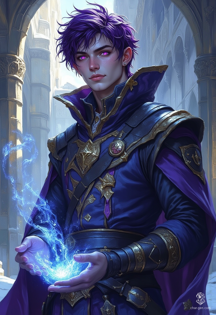 A striking portrait of a slender, ethereal male figure stands against an icy landscape, his glowing violet eyes piercing through the cold. Clad in an elaborate dark blue robe, his short, dark purple hair sways in the frigid wind as magic emanates from his beautifully detailed hands, creating an enchanting aura.