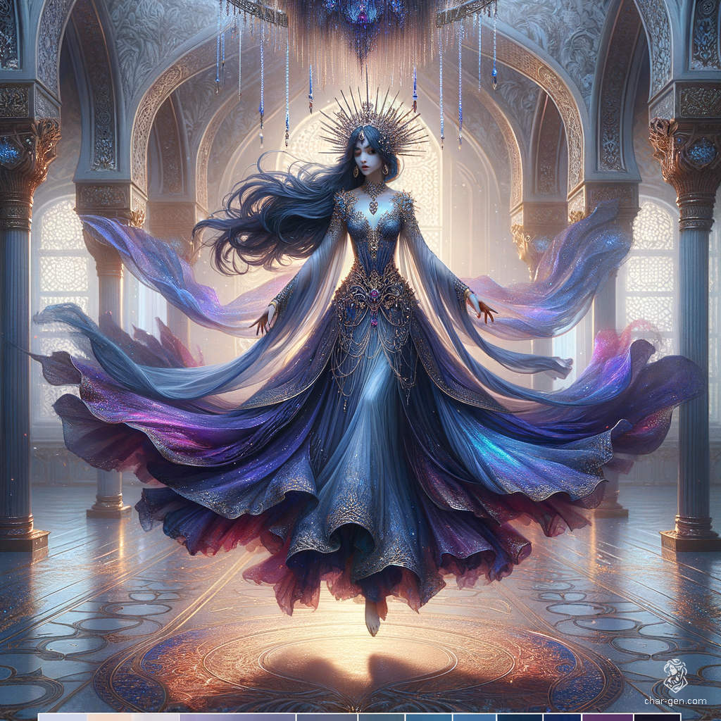 A majestic, ethereal figure gracefully floats in a mystical realm, donning dark blue and violet arcane robes with gold trims. Her long, dark hair flows behind her, while a silver-blue spiked crown enhances her queenly presence. Her attire's inner glow and magical aura exude enchantment.