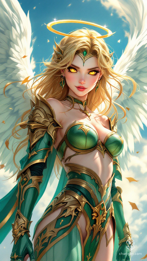 Sigarda, a striking female angel, radiates celestial beauty with golden hair and glowing eyes. Adorned in vibrant green and gold armor, she floats gracefully against a dynamic sky. Her exaggerated proportions and bold, cartoon-like expressions capture the essence of a mesmerizing anime-inspired fantasy.