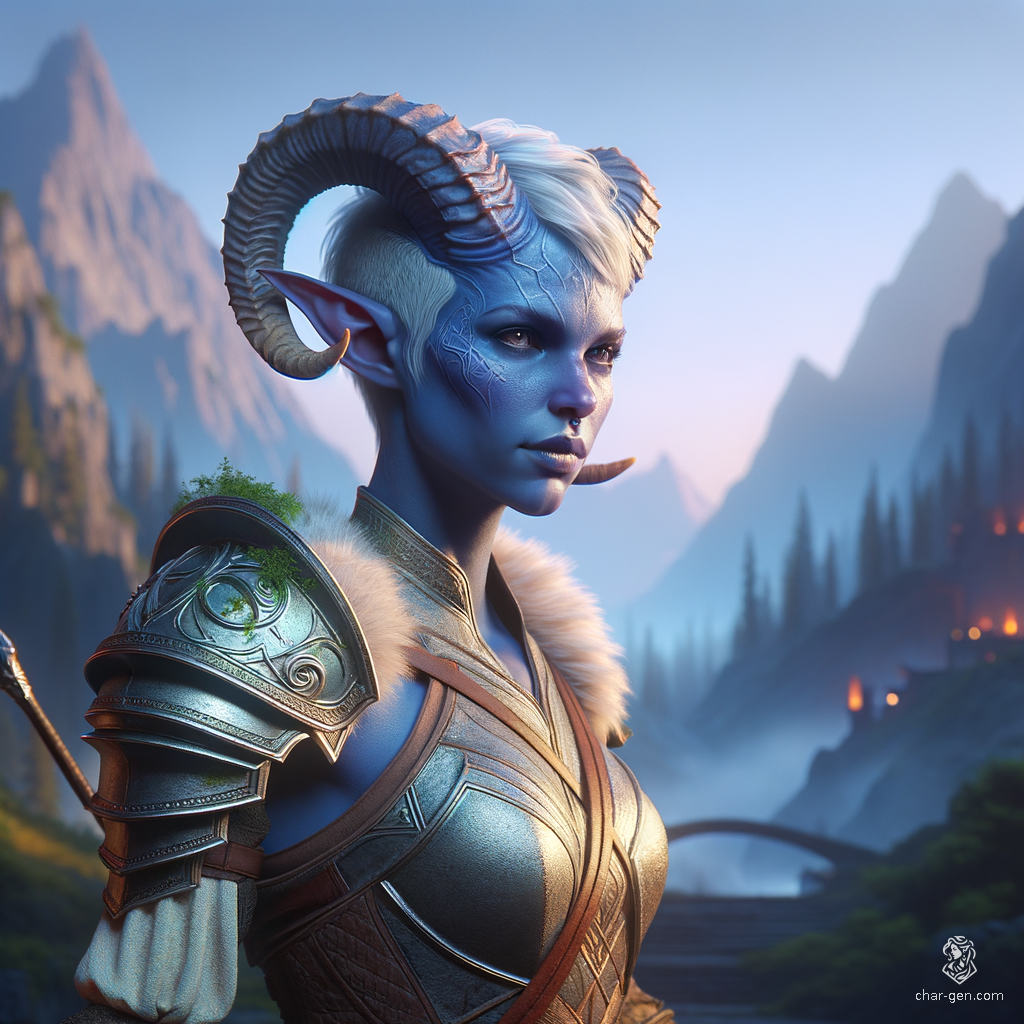 A striking female Tiefling with light blue skin and curvy form, she boasts short, shaved white hair and elegantly curved horns. Captured in stunning 4K photorealistic detail, her enigmatic presence exudes power and mystique, blending beauty with an otherworldly allure.
