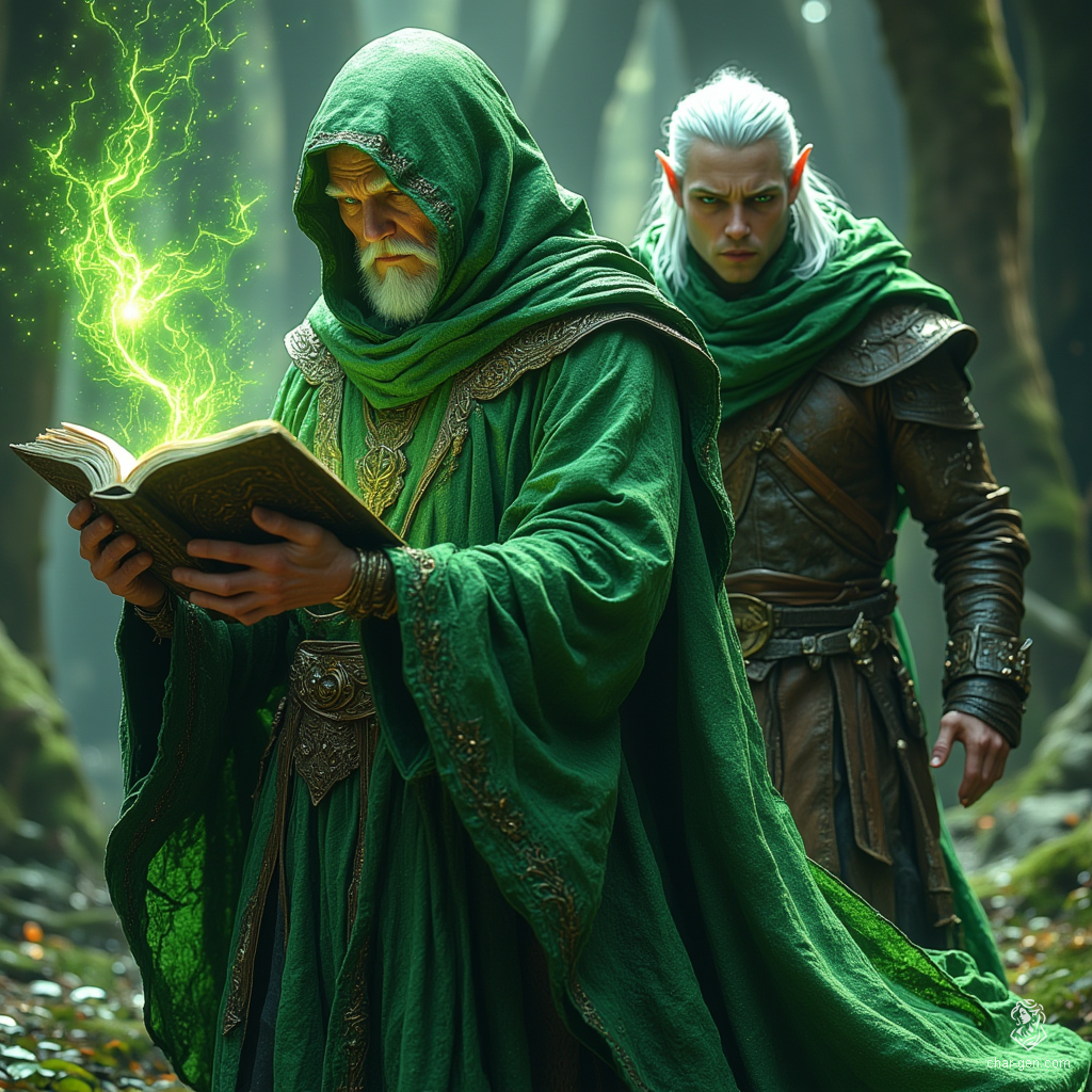 The green-robed wizard clutches a mysterious closed book, its secrets unknown. Behind him strides a white-haired elf ranger in leather armor, his clean-shaven face and eye patch hinting at a storied past and fierce determination, ready for the adventure that awaits.