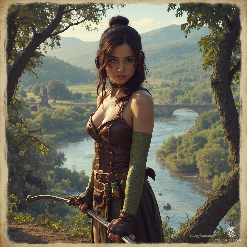 Izzy, a young halfling assassin, combines beauty and danger with her striking yellow-green snake-like eyes and shimmering green scales. Clad in a tight brown leather breastplate and armed with poisons, she lurks in the shadows, exuding a tense, thrilling aura as she awaits her prey.