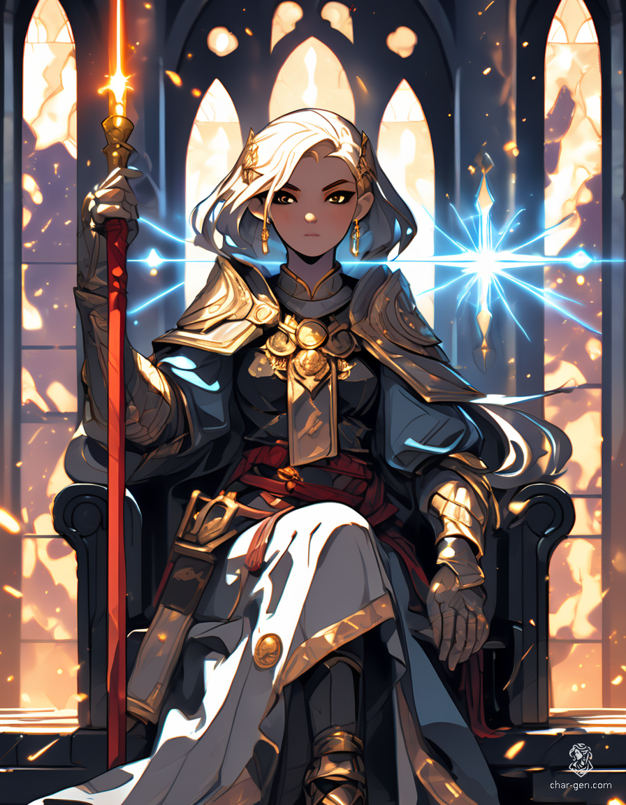Loralyn, the serene Aasimar monk and baroness, radiates an ethereal warmth in her throne room. With golden skin, short blond hair, and glowing golden eyes, she embodies grace and strength. Seated regally, her calm demeanor and subtle celestial symbols reflect her powerful connection to the divine and deep concern for her people.