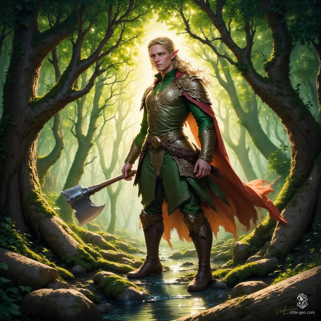 A tall, strong male elf, around 30 years old, stands confidently in a sun-dappled forest, wielding a gleaming axe. His shoulder-length blonde hair sways gently in the breeze, complementing his fair skin. As a skilled woodcutter, he embodies the harmony of nature and strength amid the scent of fresh timber.