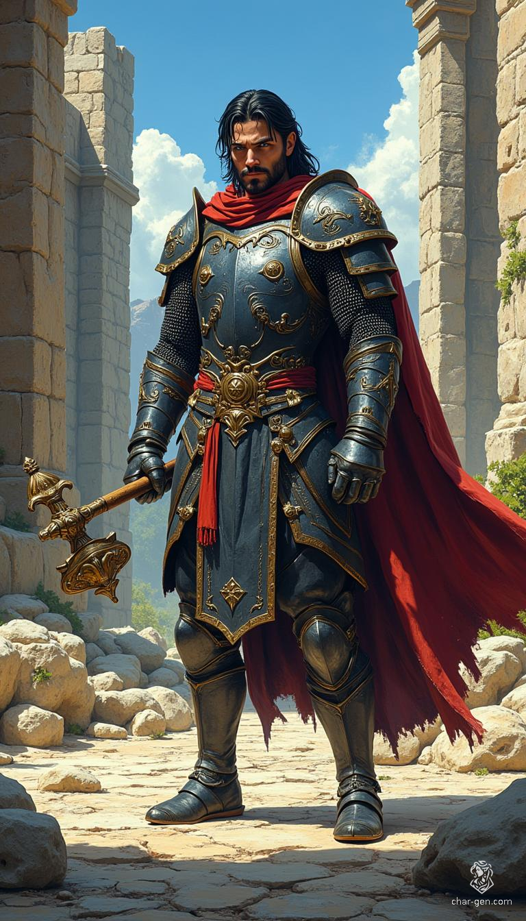 Vaster Menthur is a battle-hardened human warrior, exuding confidence with a muscular build and striking features. Standing 6'0" and wields a flail in intricately detailed chain mail, his pale skin contrasts with jet-black hair and piercing grey eyes. A seasoned soldier, he embodies strength and resilience.