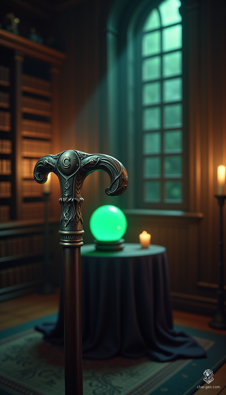 The "Cane of Whispered Secrets" is a stunning walking cane fashioned from polished ebony, its 32 inches exuding elegance and authority. The silver T-shaped handle, engraved with a stylized capital "C," channels whispers from the past, empowering its wielder to unveil hidden truths and communicate with ethereal spirits during shadowy gatherings.