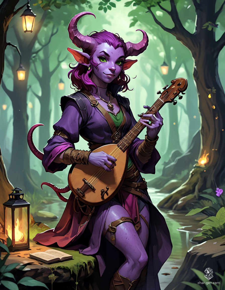 Lyrica Chantenuit is a charming tiefling bard with striking purple skin and rich plum purple hair. At 25, she captivates audiences with her expressive gestures while skillfully playing her lute. Her devilish horns and long tail add an alluring touch to her vibrant, nimble presence.