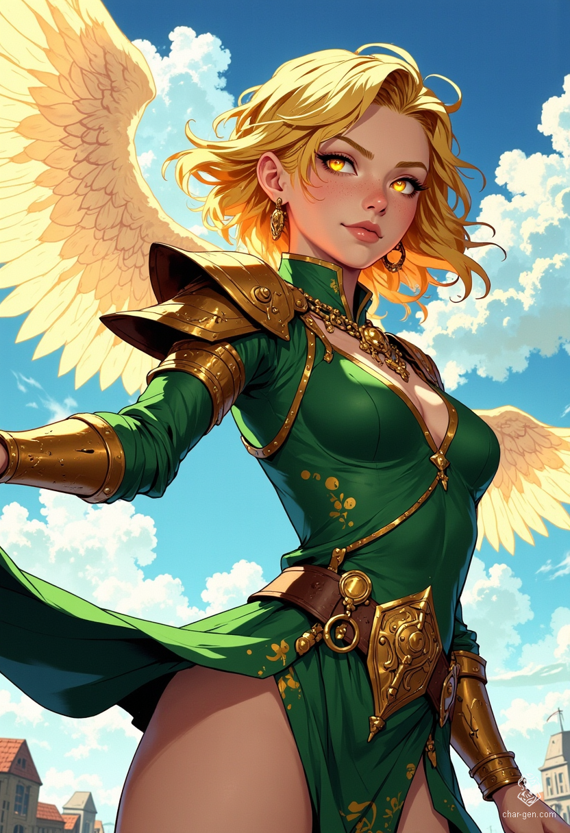 Sigarda is a radiant angelic warrior adorned in striking green and gold armor. With flowing golden hair and glowing gold eyes, she floats gracefully in the sky, embodying strength and beauty. Her dynamic pose and vibrant colors bring her exquisite digital anime art to life, captivating all who gaze upon her.