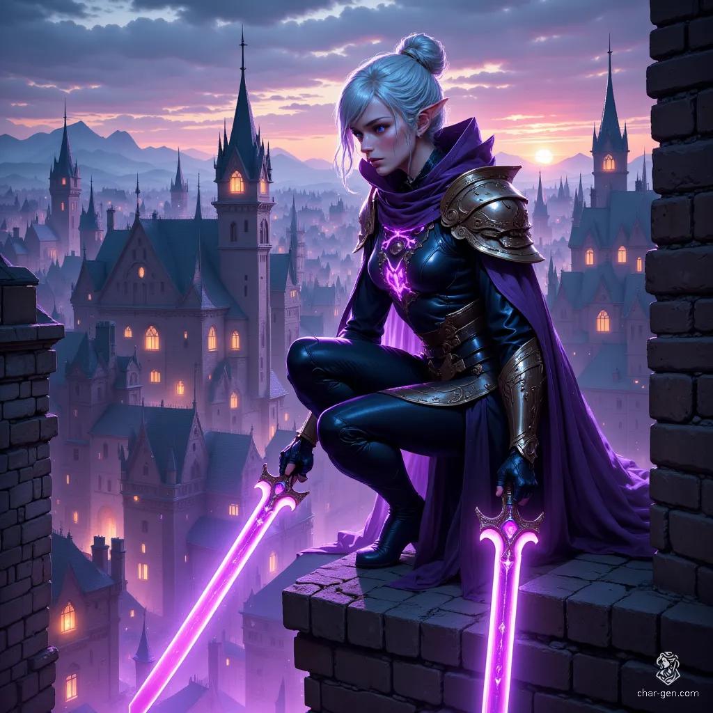 A 30-something female elf assassin with fair skin and white hair styled in a bun crouches menacingly on a medieval rooftop. Clad in dark ninja attire and studded leather armor, she wields the Glaive of Psychic Screams, two glowing purple daggers, exuding stealth and danger as her piercing eyes scan the night.