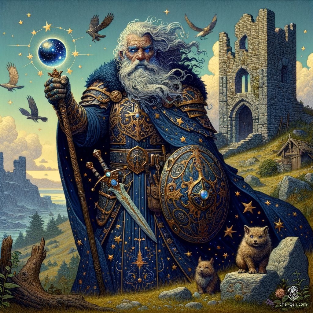 Dram Dustbeard, a wise 72-year-old human druid and sage, sports a dark blue, constellation-adorned armored robe. With smoky gray hair, twinkling blue eyes, and a distinctive wrinkled complexion, he wields a dagger and protective shield. Guided by free-thinking and curiosity, he hides to evade those hunting him.