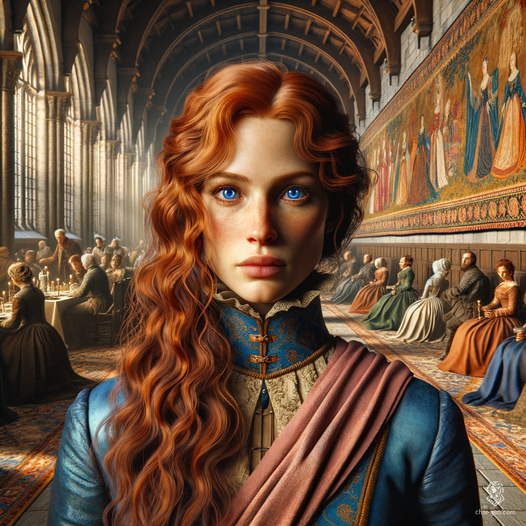 A fair-skinned female spy with long, wavy red hair in a loose bun, and blue eyes, skillfully blends into crowds in her cobalt and peach servant attire. She discreetly carries secret messages, eavesdropping and moving unnoticed among people.