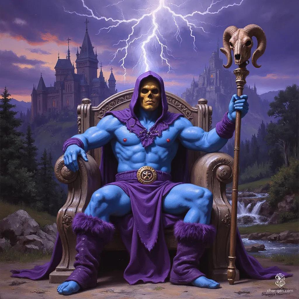 A imposing skeletal figure, Skeletor embodies dark majesty. Seated on a skull throne, his blue skin contrasts with a tattered purple hood and yellow skull face. Muscular and adorned with minimal armor, he wields a staff crowned with a ram's skull against a tumultuous thunderstorm backdrop, exuding power and menace.