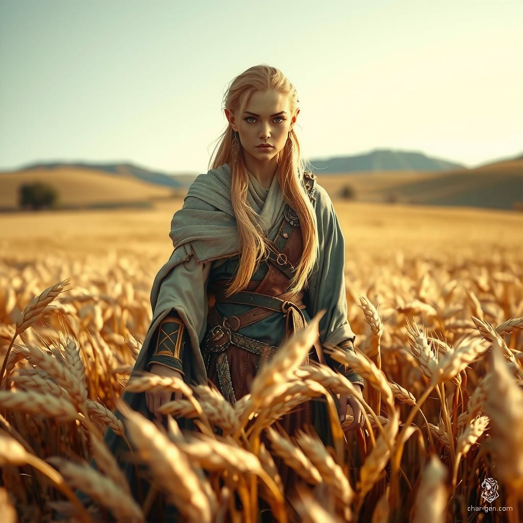 A lone elven female stands in a golden wheat field, her tattered robes fluttering in the breeze. The sun sets, casting a warm, ethereal glow that accentuates the intricate details of her attire and the delicate features of the landscape in stunning, hyperrealistic clarity.