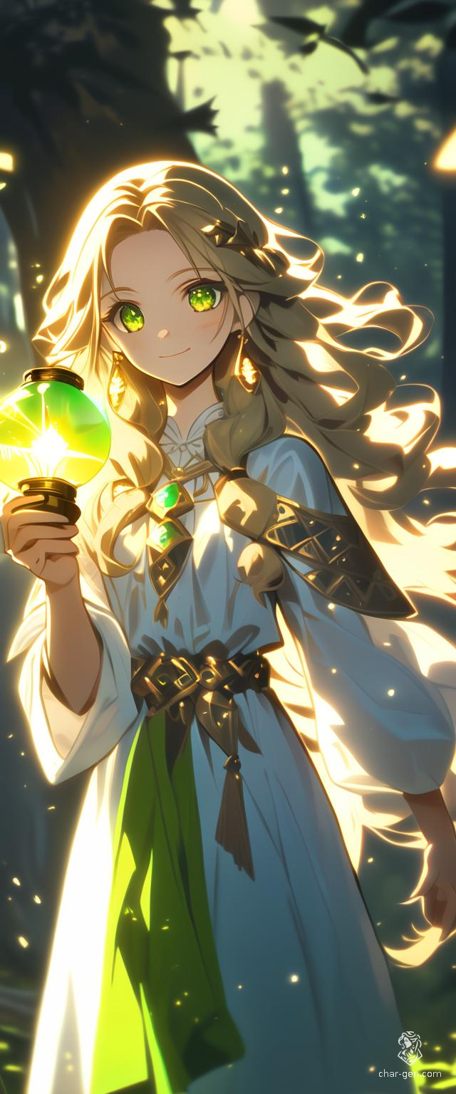 A 4K anime-style digital artwork features a Slavic folklore-inspired anime female with radiant golden hair and bright green eyes, donning a glowing dress. She stands in shadowy woods, holding a shining lantern as beams of light pierce the darkness, enhancing her radiant skin and open expression. The blurred background creates a striking three-dimensional effect.