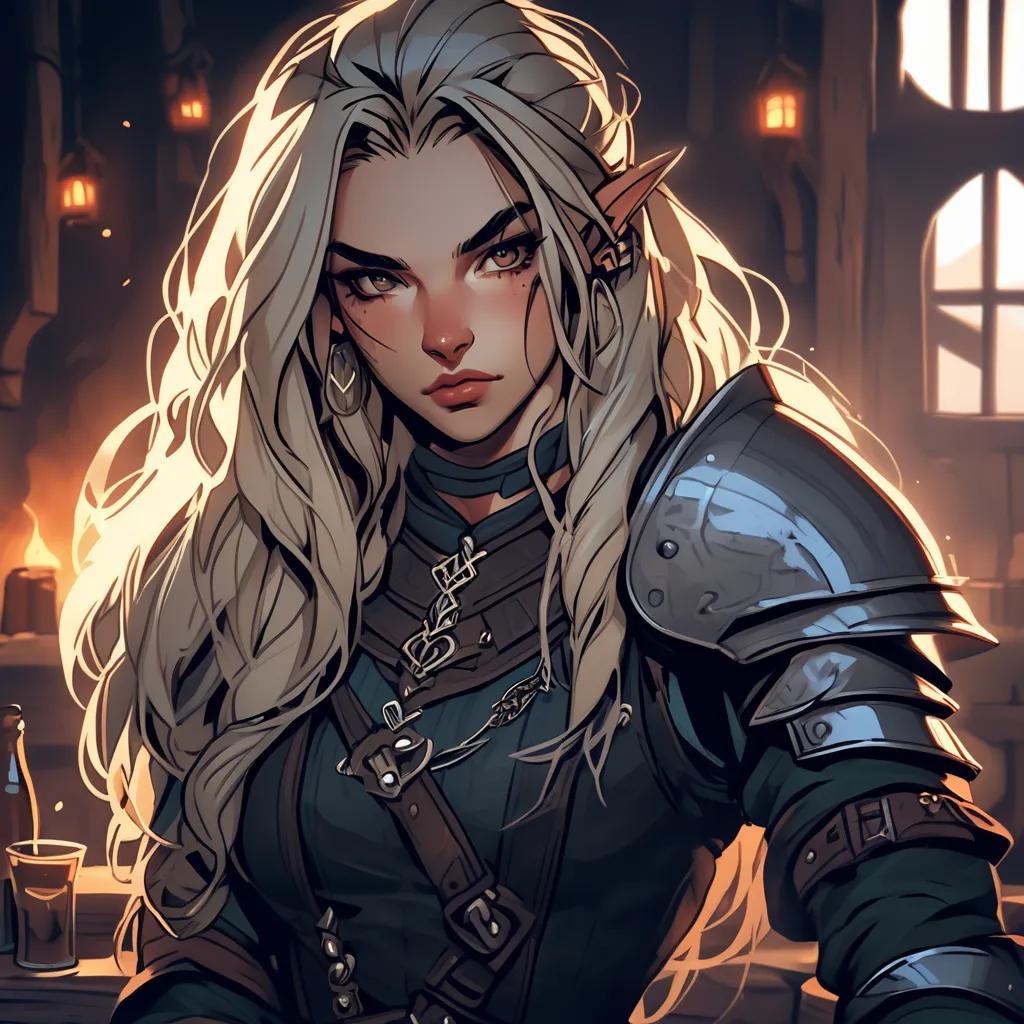 In a dimly lit tavern, a striking elven warrior captivates with her intense, defiant gaze and glowing eyes. Freckled and scarred, her rugged beauty is complemented by messy blonde hair and a form-fitting outfit that merges medieval elegance with mercenary grit, highlighted by a bold black choker.