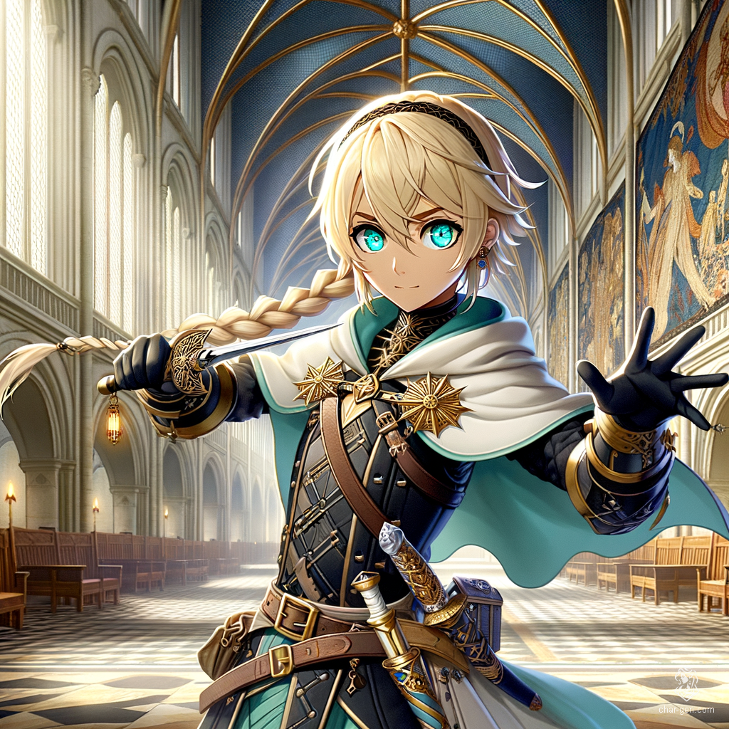 Lillian Gordiana, a 19-year-old human rogue, is a nimble and hardy assassin with a criminal and spy background. Standing 5'6" with a medium build, she has pale skin, striking turquoise eyes with gold centers, and braided blonde hair. Clad in intricately detailed leather armor, she wields a dagger with a strong, skilled grip.