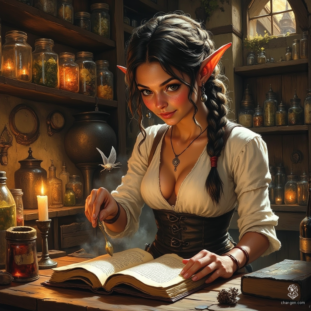 Maryam, an elderly yet charming elf witch and forensic medicine investigator, possesses a graceful presence with tanned skin and tea-colored hair. Adorned with a small pointed hat and delicate spectacles, she exudes competence and curiosity in her cozy alchemical lab, accompanied by her ethereal spider familiar.