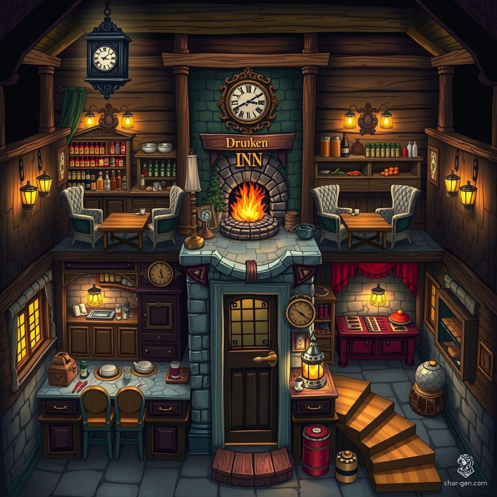 The Drunken Dragon Inn boasts a bustling common area with a roaring hearth, a cozy taproom, a well-stocked kitchen, a secretive storage room behind a hidden door, and a guarded cellar filled with arcane artifacts and perilous traps. Adventure and mystery lurk in every corner.