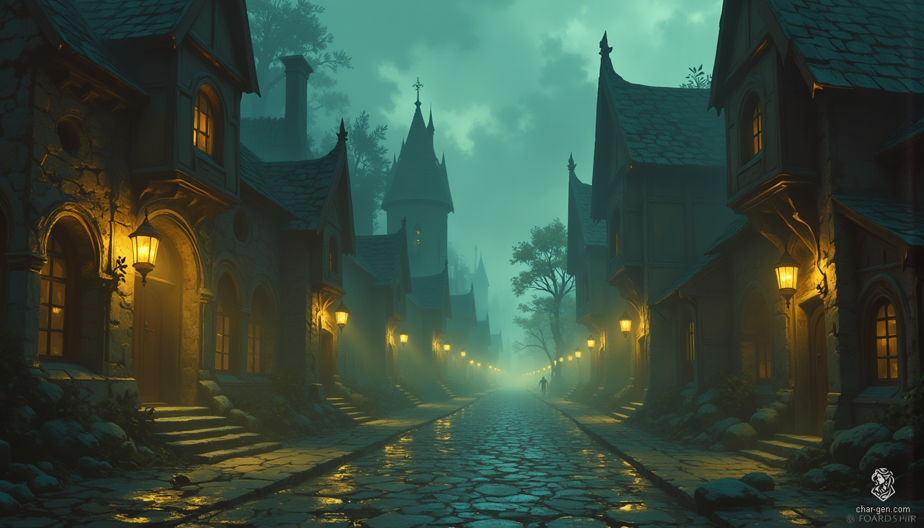 In the twilight shroud of Westcrown, crumbling facades tower like ghostly sentinels along winding cobblestone paths. Flickering lanterns cast soft, eerie glows, illuminating the remnants of past splendor. A thick fog dances overhead, enveloping the streets in an ethereal ambiance, hinting at mysteries long forgotten.