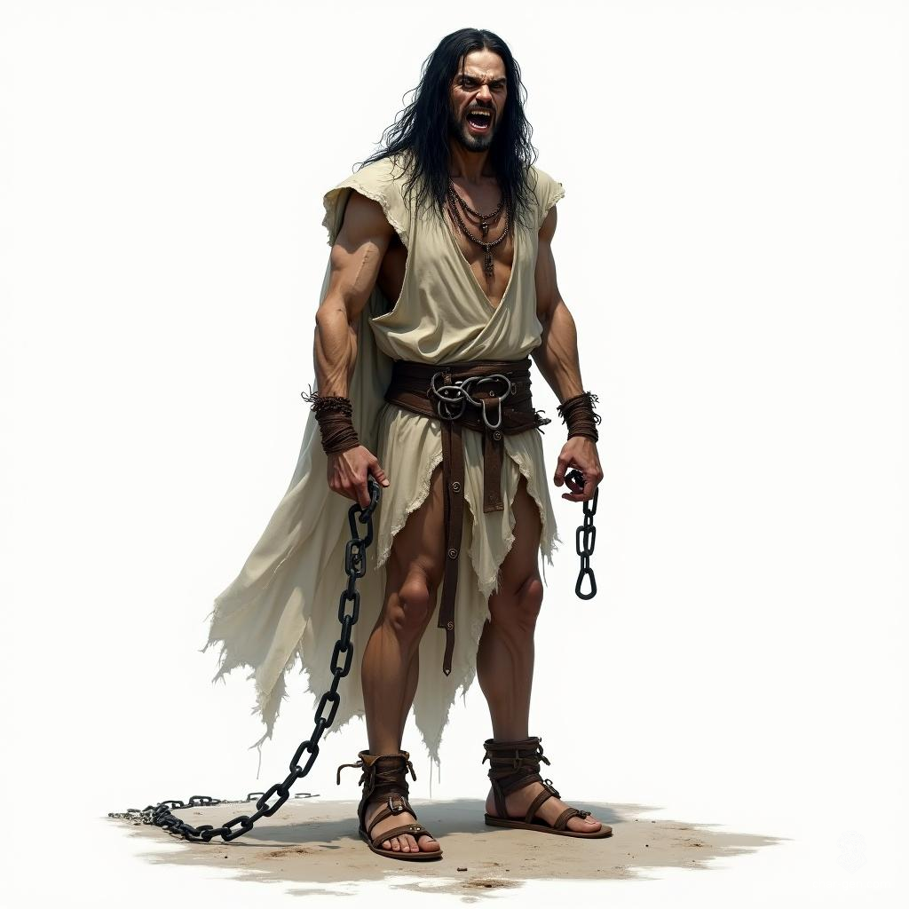Meet Kael, a towering, gaunt figure shackled in chains, his long black hair framing a face etched with fury. Once a noble warrior, he now haunts the ethereal realm, embodying both anguish and resilience, captivating all with his majestic, otherworldly presence.