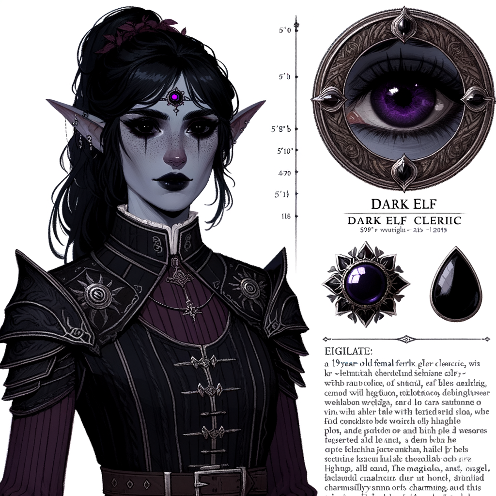 Szatha, a 19-year-old female Dark Elf Cleric with jet-black skin and eyes, stands at 5'10" and is both nimble and charming. She exudes wisdom and intelligence, bearing a prominent holy symbol of Black Onyx encircled in Purple, reflecting her divine calling and effervescent demeanor.