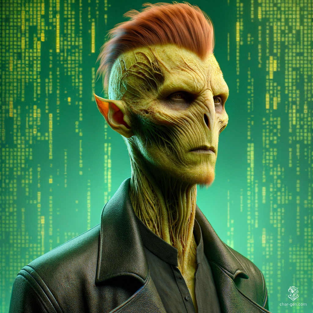 A tall, gaunt male Githyanki with rough, very pale green skin and a voldemort-like skull nose stands calmly. Russet hair, styled in a topknot Mohawk, contrasts sharply with his attire: a black leather coat and dark outfit à la Neo from The Matrix. His fluid posture reflects his monk discipline.