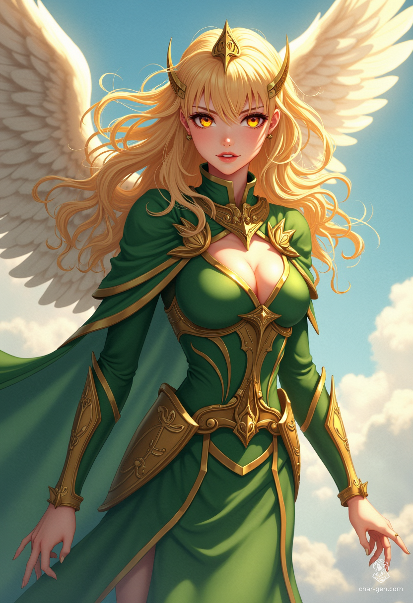 Sigarda is a radiant angelic figure, adorned in intricate green and gold armor that gleams with divine energy. Her flowing golden hair and glowing gold eyes emanate warmth and strength as she floats gracefully in the sky, captured in stunning detail reminiscent of digital anime artistry.
