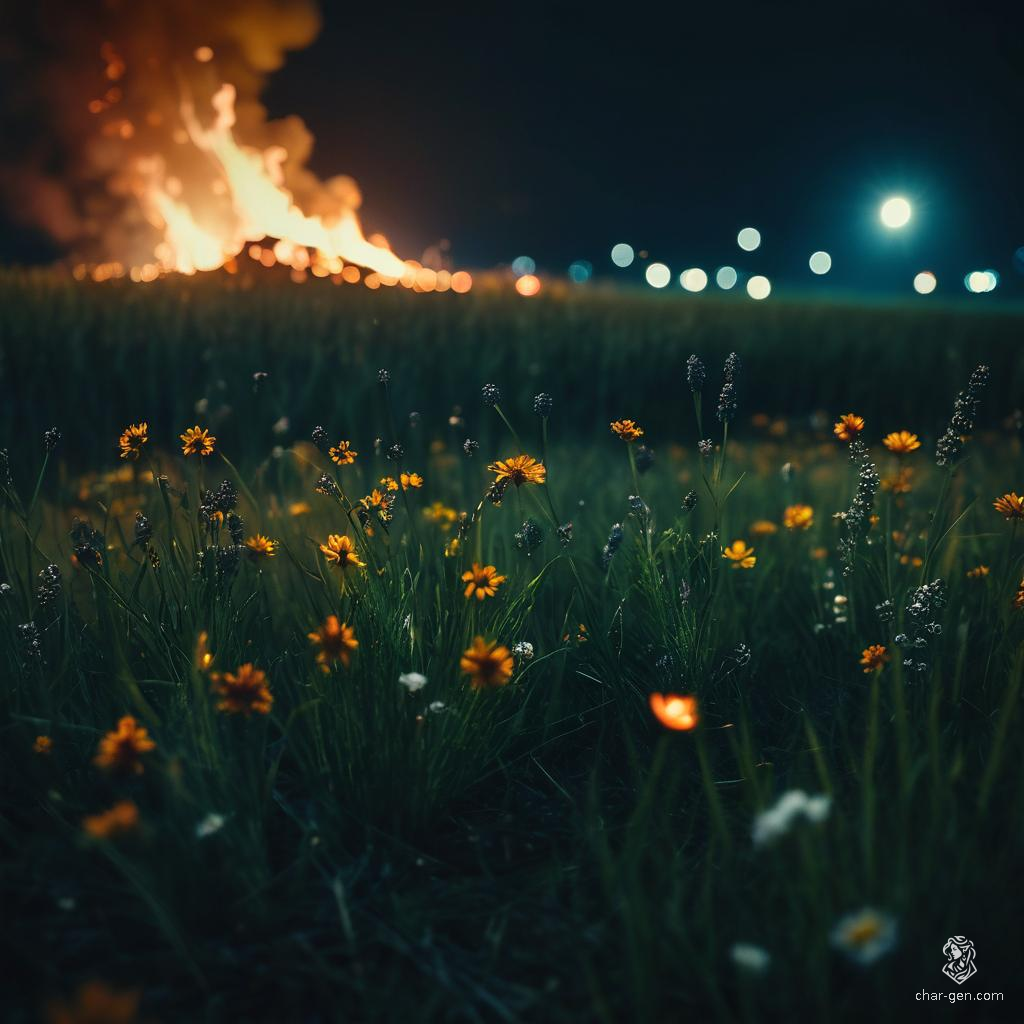 A mesmerizing spring meadow under a moonlit sky glows with the warmth of a crackling bonfire. The lush greenery dances in the gentle breeze, while twinkling stars and soft bokeh lights create a moody, cinematic tapestry of epic serenity.