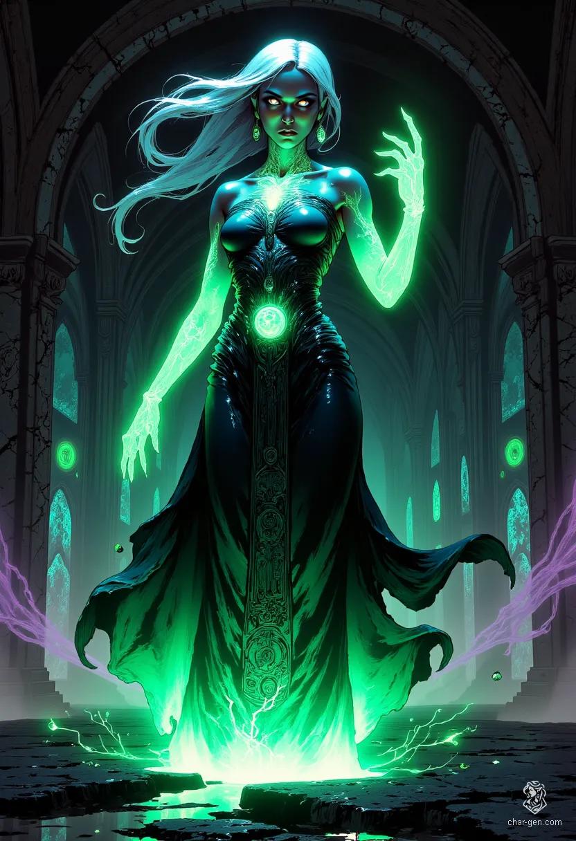 In an ancient, mist-laden underground chamber, a ghostly sorceress with fair skin hovers among cracked pillars. Enveloped in shimmering black and emerald robes, her eldritch eyes glow with power. Surrounded by floating obsidian shards, she commands shadows, embodying a predatory grace as she seeks forbidden knowledge and lost souls.