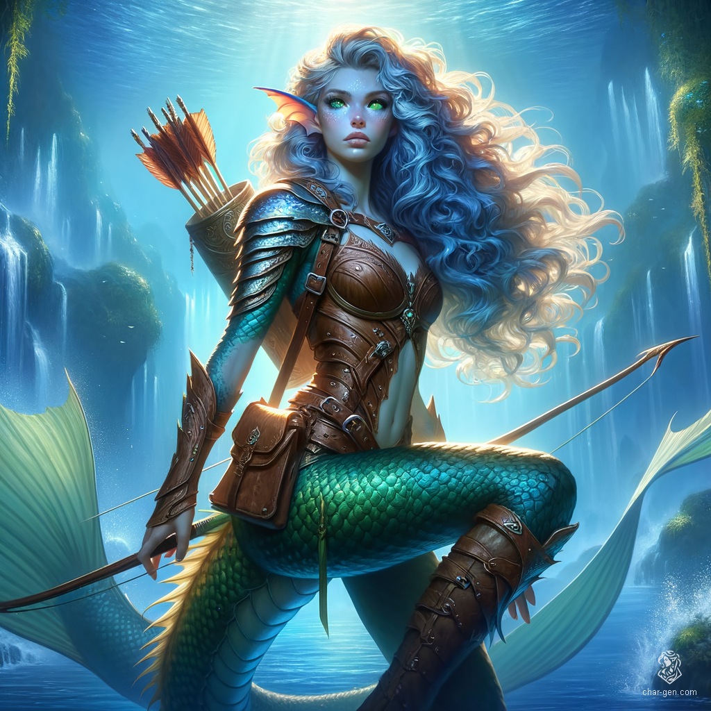 Lirael, a graceful ranger from the depths of the ocean, boasts a striking blue-toned upper half and shimmering scaly legs. With curly hair cascading around her fair-skinned face, her keen eye for detail guides her through enchanted forests and treacherous waters alike.