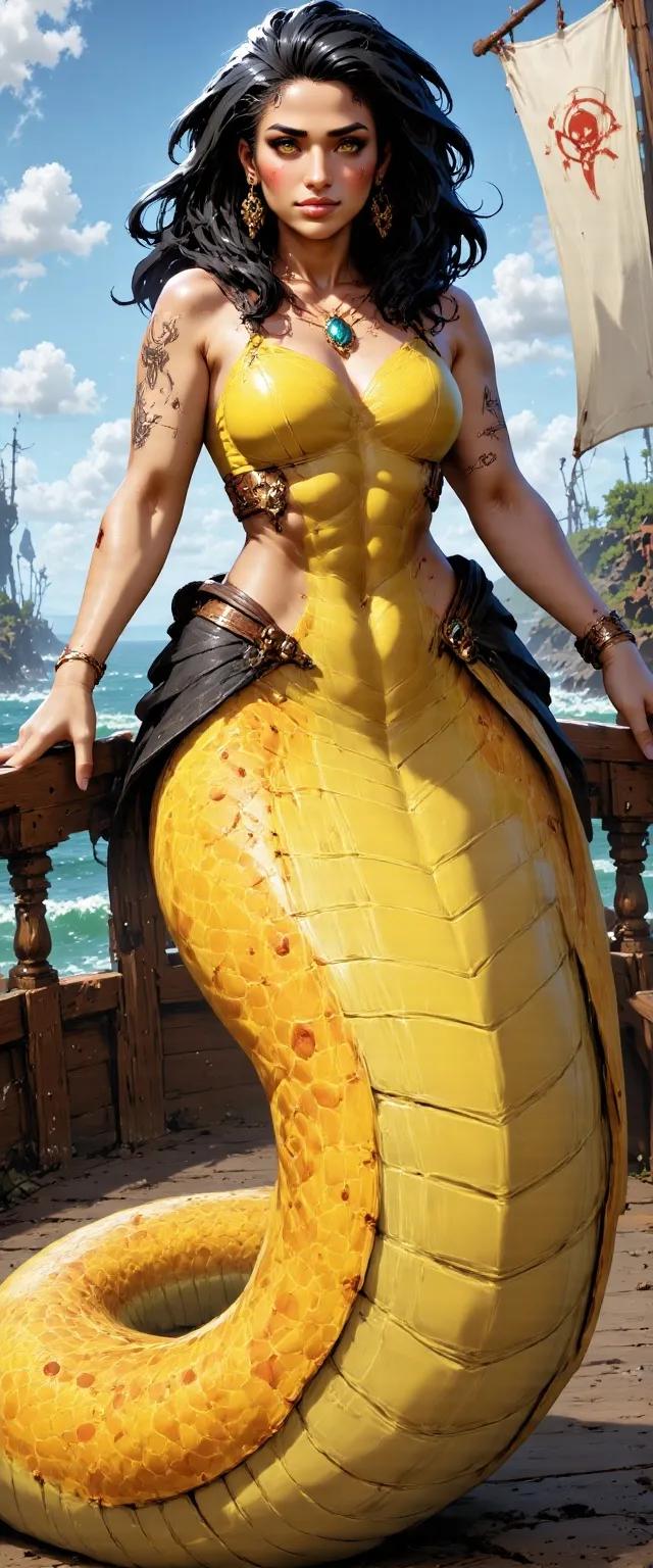 A striking female naga with gleaming yellow skin and long black hair, wearing only a bandana. Her serpentine body coils gracefully as she commands the ship’s wheel, her hooded cobra head and hypnotic yellow eyes poised to strike with jewel-adorned elegance.