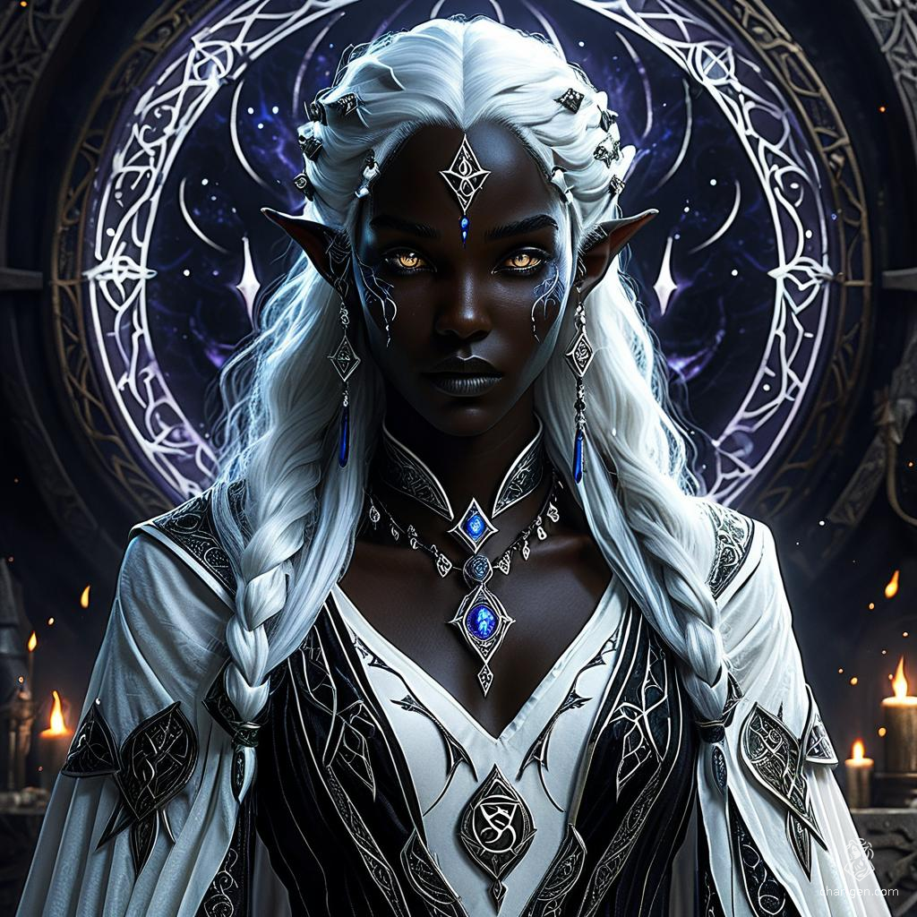 A striking black-skinned elf sorceress with flowing white hair, she wears enchanted garments adorned with arcane sigils. Her powerful magical aura and contrasting mystical attire underscore her enigmatic and formidable presence.