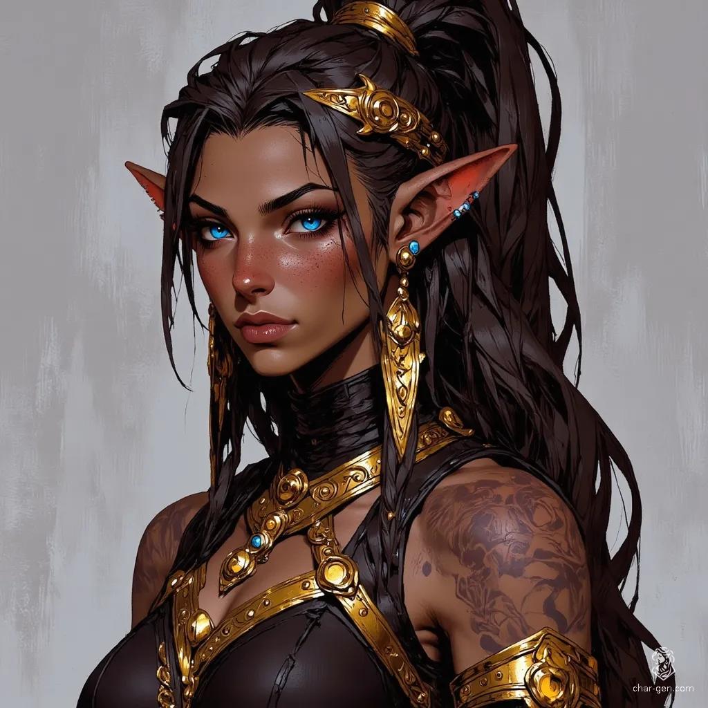 A strikingly attractive middle-aged elf, she possesses enchanting blue eyes and a sophisticated dark brown ponytail styled in a gold tube. Gracefully adorned with long gold earrings and a necklace, she wears a simple black Egyptian dress, her thin white body patterns peeking through. A green silk veil masks her tired expression, hinting at a lifetime of wisdom and weariness.